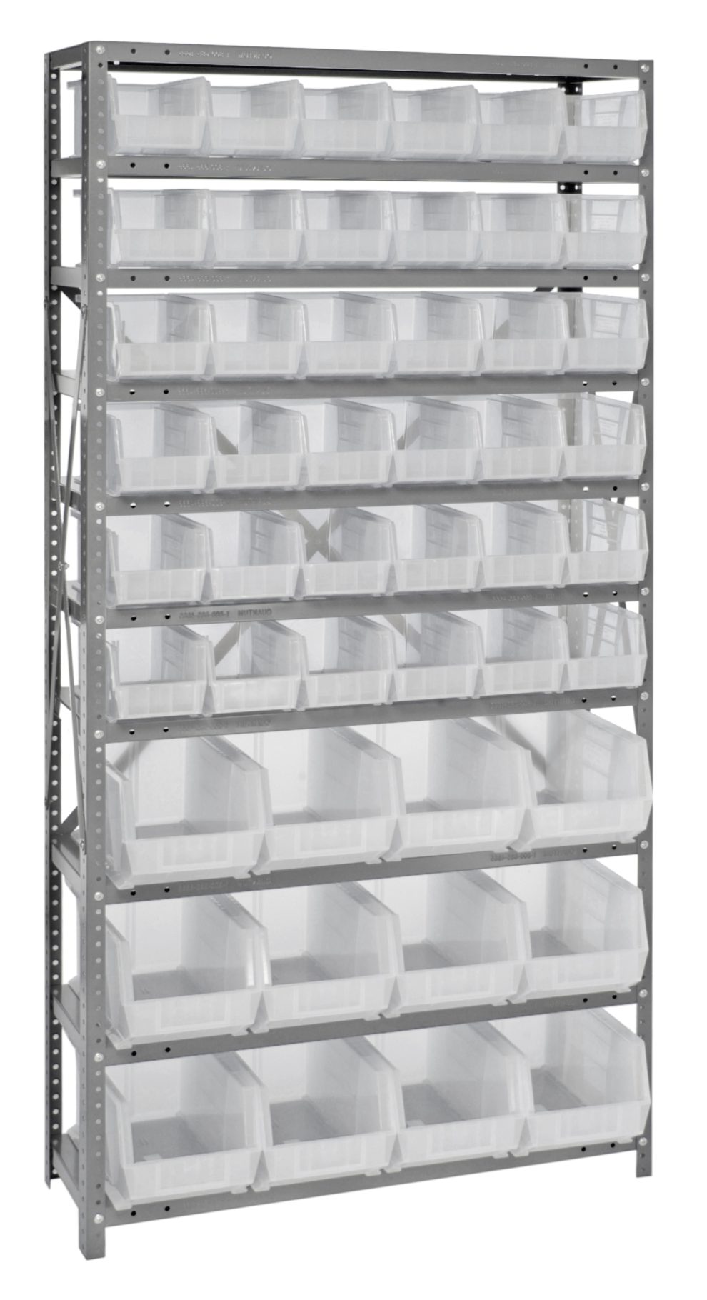 Chrome wire shelving unit with nine levels of clear shelf bins