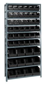 The Quantum Shelving Unit, measuring 12D X 36L X 75H, includes 10 shelves each with a 400 lb. load capacity and comes with uniformly arranged black bins—36 Qus230 and 12 Qus240. Made of galvanized steel, its designed for efficient organization.