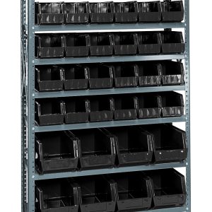The Quantum Shelving Unit, measuring 12D X 36L X 75H, includes 10 shelves each with a 400 lb. load capacity and comes with uniformly arranged black bins—36 Qus230 and 12 Qus240. Made of galvanized steel, its designed for efficient organization.