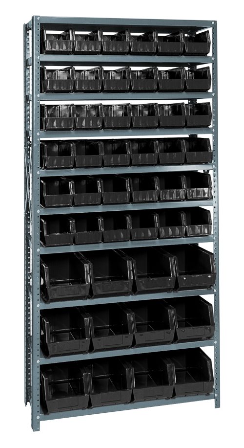The Quantum Shelving Unit, measuring 12D X 36L X 75H, includes 10 shelves each with a 400 lb. load capacity and comes with uniformly arranged black bins—36 Qus230 and 12 Qus240. Made of galvanized steel, its designed for efficient organization.
