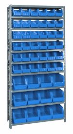 The Quantum Shelving Unit, 12D x 36L x 75H, supports up to 400 lbs per shelf and includes (10) shelves with (36) QUS230 and (12) QUS240 blue bins. It features galvanized steel uprights and cross bars for organizing space.
