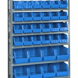 The Quantum Shelving Unit, 12D x 36L x 75H, supports up to 400 lbs per shelf and includes (10) shelves with (36) QUS230 and (12) QUS240 blue bins. It features galvanized steel uprights and cross bars for organizing space.