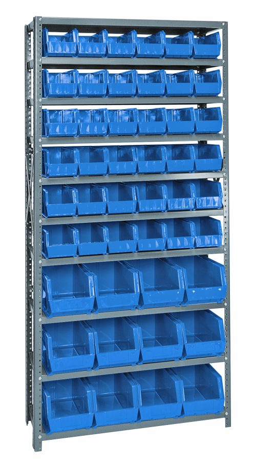 The Quantum Shelving Unit, 12D x 36L x 75H, supports up to 400 lbs per shelf and includes (10) shelves with (36) QUS230 and (12) QUS240 blue bins. It features galvanized steel uprights and cross bars for organizing space.
