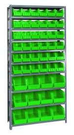 A Quantum Shelving Unit with a galvanized steel finish features eight rows of bright green QUS230 bins, totaling 36, and includes 12 QUS240 bins. This heavy-duty unit supports 400 lbs per shelf for stylish and organized storage with its metallic frame.