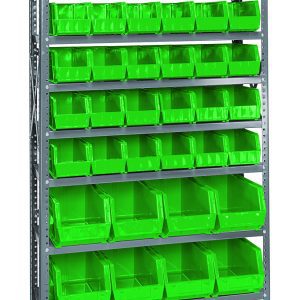 A Quantum Shelving Unit with a galvanized steel finish features eight rows of bright green QUS230 bins, totaling 36, and includes 12 QUS240 bins. This heavy-duty unit supports 400 lbs per shelf for stylish and organized storage with its metallic frame.