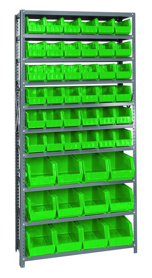 A Quantum Shelving Unit with a galvanized steel finish features eight rows of bright green QUS230 bins, totaling 36, and includes 12 QUS240 bins. This heavy-duty unit supports 400 lbs per shelf for stylish and organized storage with its metallic frame.