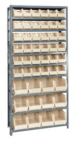 The Quantum Shelving Unit, measuring 12D x 36L x 75H, includes ten shelves with a 400 lb. load capacity each. It features galvanized steel finish and comes with 36 QUS230 and 12 QUS240 ivory bins for organized storage. The open-front design ensures easy access and visibility of small items.