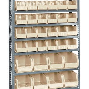 The Quantum Shelving Unit, measuring 12D x 36L x 75H, includes ten shelves with a 400 lb. load capacity each. It features galvanized steel finish and comes with 36 QUS230 and 12 QUS240 ivory bins for organized storage. The open-front design ensures easy access and visibility of small items.