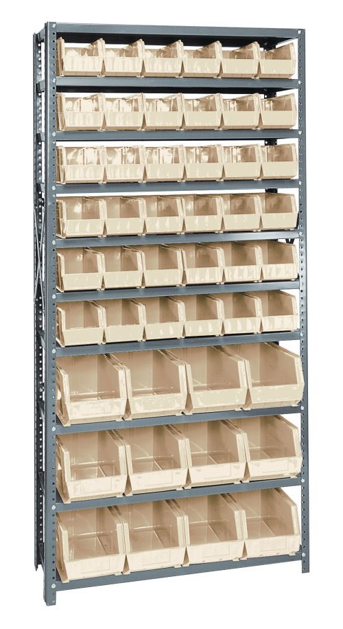 The Quantum Shelving Unit, measuring 12D x 36L x 75H, includes ten shelves with a 400 lb. load capacity each. It features galvanized steel finish and comes with 36 QUS230 and 12 QUS240 ivory bins for organized storage. The open-front design ensures easy access and visibility of small items.