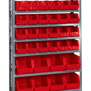 The Quantum Shelving Unit, measuring 12D x 36L x 75H, features a galvanized steel finish and includes 10 shelves with a load capacity of 400 lbs each. It comes with 36 QUS230 and 12 QUS240 red bins, plus uprights and cross bars for efficient organization.