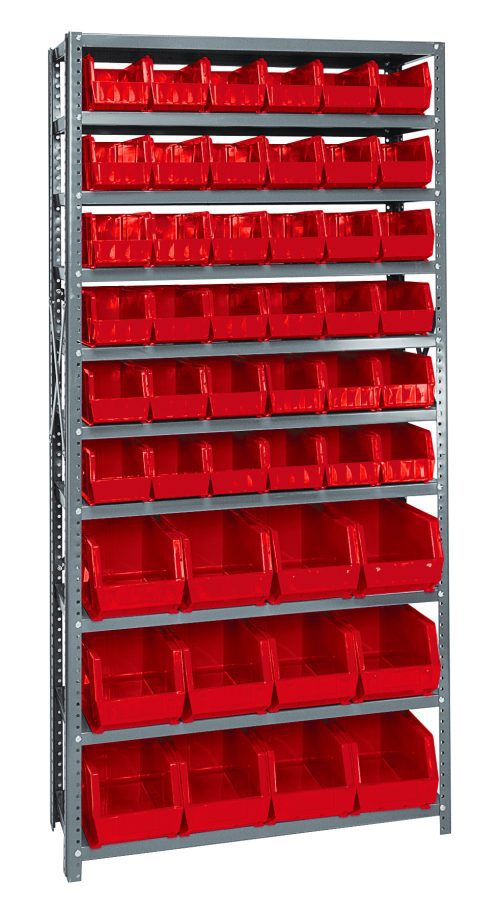 The Quantum Shelving Unit, measuring 12D x 36L x 75H, features a galvanized steel finish and includes 10 shelves with a load capacity of 400 lbs each. It comes with 36 QUS230 and 12 QUS240 red bins, plus uprights and cross bars for efficient organization.