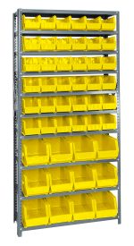 The Quantum Shelving Unit, measuring 12D x 36L x 75H, supports 400 lbs per shelf and includes (10) shelves with a total of (36) QUS230 and (12) QUS240 yellow bins. It features uprights, cross bars, and a galvanized steel finish for a vibrant, organized display.