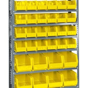 The Quantum Shelving Unit, measuring 12D x 36L x 75H, supports 400 lbs per shelf and includes (10) shelves with a total of (36) QUS230 and (12) QUS240 yellow bins. It features uprights, cross bars, and a galvanized steel finish for a vibrant, organized display.