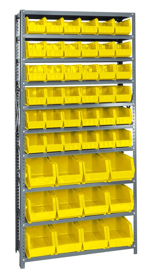 The Quantum Shelving Unit, measuring 12D x 36L x 75H, supports 400 lbs per shelf and includes (10) shelves with a total of (36) QUS230 and (12) QUS240 yellow bins. It features uprights, cross bars, and a galvanized steel finish for a vibrant, organized display.