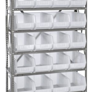 The Quantum Shelving Unit, measuring 12D x 36L x 75H, features eight shelves each holding up to 400 lbs. It includes 28 Qus239 clear bins with open fronts for easy access and comes with uprights and cross bars in a galvanized steel finish for efficient organization.