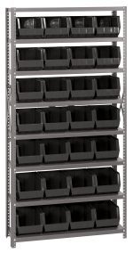 The Quantum Shelving Unit (12D x 36L x 75H) offers eight heavy-duty shelves, each holding up to 400 lbs, with 28 Qus239 black bins for efficient small item organization. Perfect for garages, workshops, or warehouses, it features galvanized steel uprights and cross bars.
