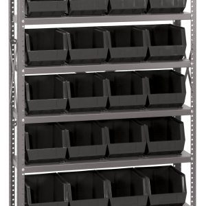 The Quantum Shelving Unit (12D x 36L x 75H) offers eight heavy-duty shelves, each holding up to 400 lbs, with 28 Qus239 black bins for efficient small item organization. Perfect for garages, workshops, or warehouses, it features galvanized steel uprights and cross bars.