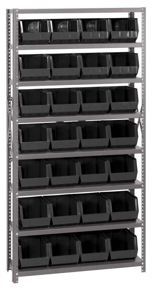 The Quantum Shelving Unit (12D x 36L x 75H) offers eight heavy-duty shelves, each holding up to 400 lbs, with 28 Qus239 black bins for efficient small item organization. Perfect for garages, workshops, or warehouses, it features galvanized steel uprights and cross bars.