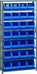 The Quantum Shelving Unit, 12D x 36L x 75H, features a heavy-duty galvanized steel finish with uprights and crossbars. It includes eight shelves, each with a 400 lb. load capacity and holding five Qus239 blue bins (28 total), ensuring organized storage space.