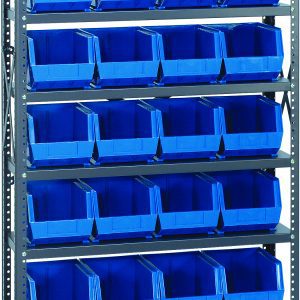 The Quantum Shelving Unit, 12D x 36L x 75H, features a heavy-duty galvanized steel finish with uprights and crossbars. It includes eight shelves, each with a 400 lb. load capacity and holding five Qus239 blue bins (28 total), ensuring organized storage space.
