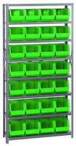The Quantum Shelving Unit, measuring 12D x 36L x 75H, features a galvanized steel finish and includes eight shelves supported by uprights and cross bars. It comes with 28 QUS239 green bins, each shelf holding up to 400 lbs for efficient storage.