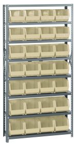 The Quantum Shelving Unit (12D x 36L x 75H) features a heavy-duty design with eight galvanized steel shelves and 28 ivory Qus239 bins. Each shelf supports up to 400 lbs, and the open-front bins make organizing small to medium items easy.