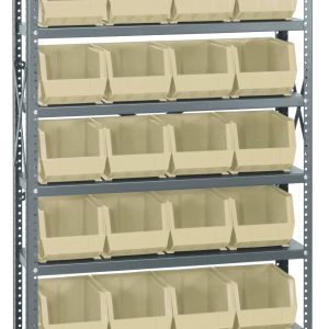 The Quantum Shelving Unit (12D x 36L x 75H) features a heavy-duty design with eight galvanized steel shelves and 28 ivory Qus239 bins. Each shelf supports up to 400 lbs, and the open-front bins make organizing small to medium items easy.