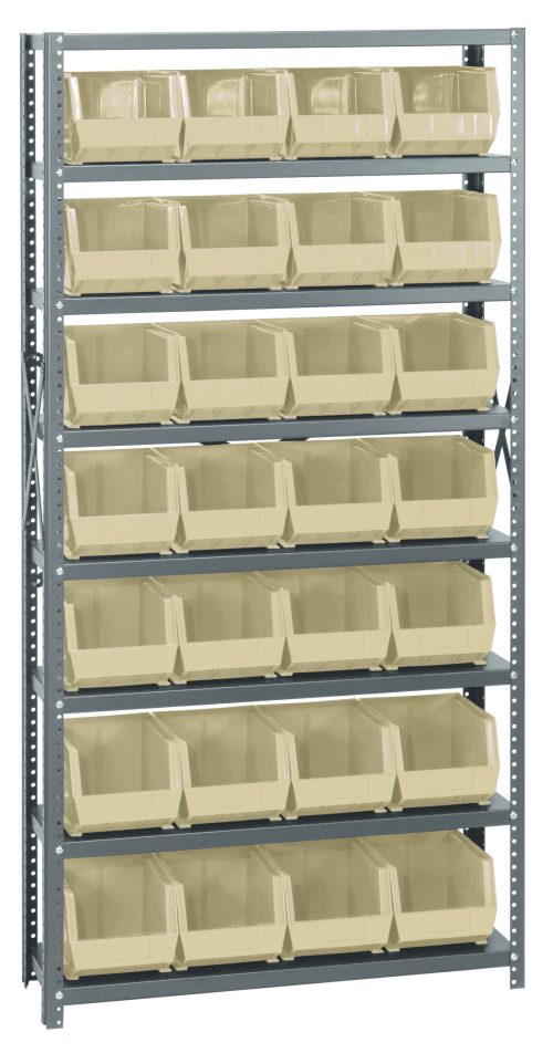 The Quantum Shelving Unit (12D x 36L x 75H) features a heavy-duty design with eight galvanized steel shelves and 28 ivory Qus239 bins. Each shelf supports up to 400 lbs, and the open-front bins make organizing small to medium items easy.