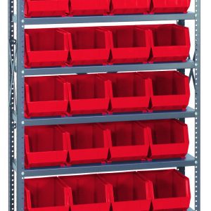 The Quantum Shelving Unit, measuring 12D x 36L x 75H with a heavy-duty load capacity of 400 lbs per shelf, includes eight shelves and 28 QUS239 red bins. Constructed with uprights and cross bars, it features a galvanized steel finish for durability.