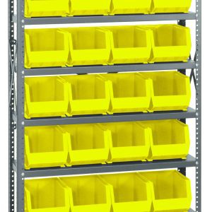 The Quantum Shelving Unit, with a galvanized steel finish, measures 12D x 36L x 75H and includes uprights and cross bars. It holds eight shelves with 28 QUS239 yellow bins, each shelf supporting up to 400 lbs., providing an organized storage system on a gray frame.