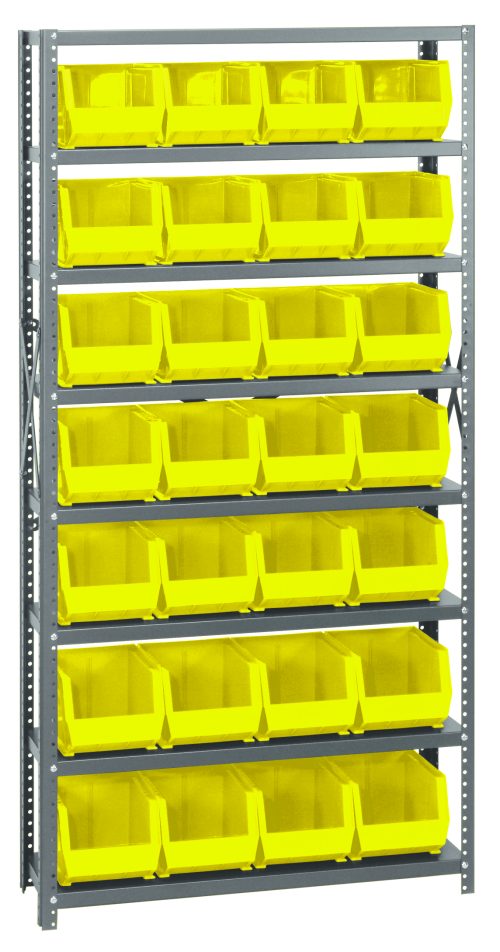 QSBU-239_YL.jpg The Quantum Shelving Unit, with a galvanized steel finish, measures 12D x 36L x 75H and includes uprights and cross bars. It holds eight shelves with 28 QUS239 yellow bins, each shelf supporting up to 400 lbs., providing an organized storage system on a gray frame.