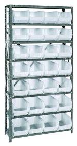 The Quantum Shelving Unit, measuring 12D x 36L x 75H, is a heavy-duty metal storage rack with a galvanized steel finish. It includes eight shelves, each holding up to 400 lbs, and comes with 28 clear Qus240 bins featuring open fronts for easy access. Perfect for organizing small items.