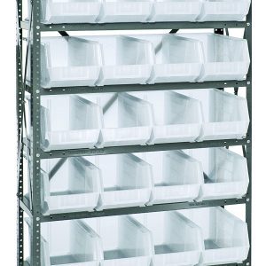 The Quantum Shelving Unit, measuring 12D x 36L x 75H, is a heavy-duty metal storage rack with a galvanized steel finish. It includes eight shelves, each holding up to 400 lbs, and comes with 28 clear Qus240 bins featuring open fronts for easy access. Perfect for organizing small items.
