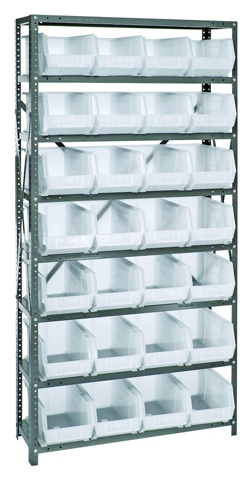 The Quantum Shelving Unit, measuring 12D x 36L x 75H, is a heavy-duty metal storage rack with a galvanized steel finish. It includes eight shelves, each holding up to 400 lbs, and comes with 28 clear Qus240 bins featuring open fronts for easy access. Perfect for organizing small items.