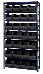 The Quantum Shelving Unit, 12D x 36L x 75H, features eight shelves with a 400 lb. capacity each and includes 28 QU240 black bins, providing optimal organization and stability with galvanized steel uprights and cross bars.