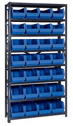 The Quantum Shelving Unit is a heavy-duty, galvanized steel structure measuring 12D x 36L x 75H. It includes eight shelves and comes with 28 Qus240 blue bins. With sturdy uprights and cross bars, each shelf supports up to 400 lbs., offering organized storage against a simple backdrop.