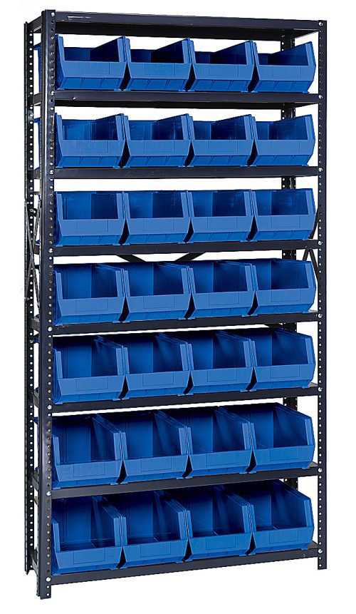 The Quantum Shelving Unit is a heavy-duty, galvanized steel structure measuring 12D x 36L x 75H. It includes eight shelves and comes with 28 Qus240 blue bins. With sturdy uprights and cross bars, each shelf supports up to 400 lbs., offering organized storage against a simple backdrop.
