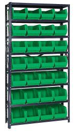 The Quantum Shelving Unit, measuring 12D x 36L x 75H, features a galvanized steel finish with sturdy uprights and cross bars. It includes eight shelves and twenty-eight open-topped green bins for organizing small parts or supplies, with a load capacity of 400 lbs. per shelf, ensuring durability and functionality.