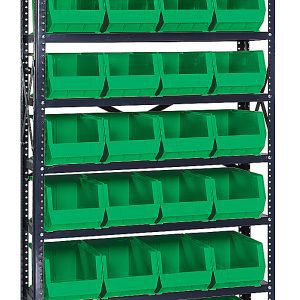 The Quantum Shelving Unit, measuring 12D x 36L x 75H, features a galvanized steel finish with sturdy uprights and cross bars. It includes eight shelves and twenty-eight open-topped green bins for organizing small parts or supplies, with a load capacity of 400 lbs. per shelf, ensuring durability and functionality.