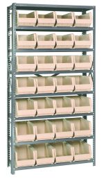 The Quantum Shelving Unit, measuring 12D x 36L x 75H, includes eight heavy-duty shelves with a 400 lb. load capacity each and comes with 28 QUS240 ivory bins. It features galvanized steel finish uprights and cross bars for organizing small items or tools efficiently.