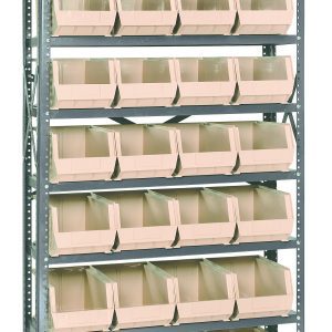 The Quantum Shelving Unit, measuring 12D x 36L x 75H, includes eight heavy-duty shelves with a 400 lb. load capacity each and comes with 28 QUS240 ivory bins. It features galvanized steel finish uprights and cross bars for organizing small items or tools efficiently.