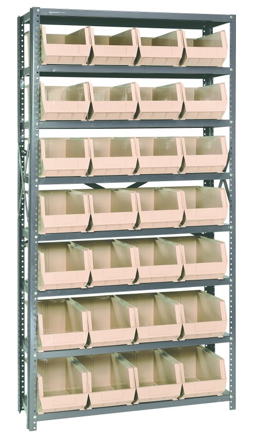 The Quantum Shelving Unit, measuring 12D x 36L x 75H, includes eight heavy-duty shelves with a 400 lb. load capacity each and comes with 28 QUS240 ivory bins. It features galvanized steel finish uprights and cross bars for organizing small items or tools efficiently.