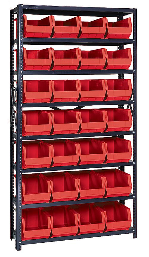 The Quantum Shelving Unit measures 12D x 36L x 75H and consists of eight heavy-duty shelves, each with a 400 lb. load capacity. It includes 28 neatly organized QUS240 red bins, uprights, and cross bars, all finished in galvanized steel. Perfect for organizing small items efficiently.
