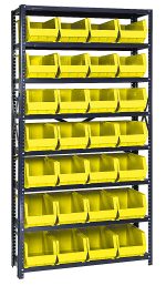 The Quantum Shelving Unit, measuring 12D x 36L x 75H, has a galvanized steel finish and holds up to 400 lbs per shelf. It includes eight shelves with 28 bright yellow QUS240 bins featuring an open-front design for easy access, ideal for organized storage.