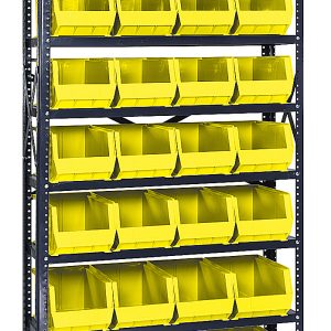 The Quantum Shelving Unit, measuring 12D x 36L x 75H, has a galvanized steel finish and holds up to 400 lbs per shelf. It includes eight shelves with 28 bright yellow QUS240 bins featuring an open-front design for easy access, ideal for organized storage.