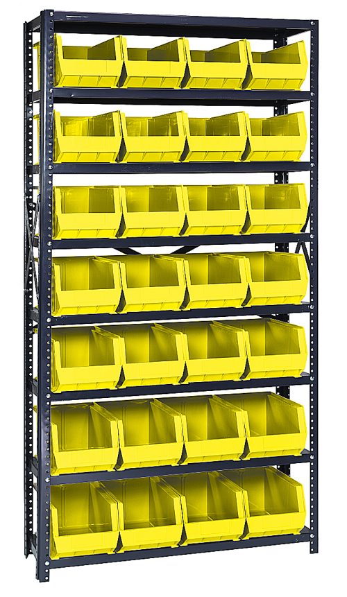 The Quantum Shelving Unit, measuring 12D x 36L x 75H, has a galvanized steel finish and holds up to 400 lbs per shelf. It includes eight shelves with 28 bright yellow QUS240 bins featuring an open-front design for easy access, ideal for organized storage.