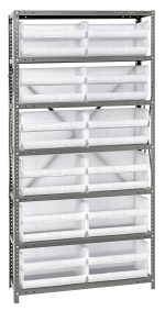 The Quantum Shelving Unit, 12D x 36L x 75H, in a galvanized steel finish, includes seven shelves and twenty-four Qus245 clear bins. Each shelf supports up to 400 lbs, making it ideal for efficient space organization against a white background.