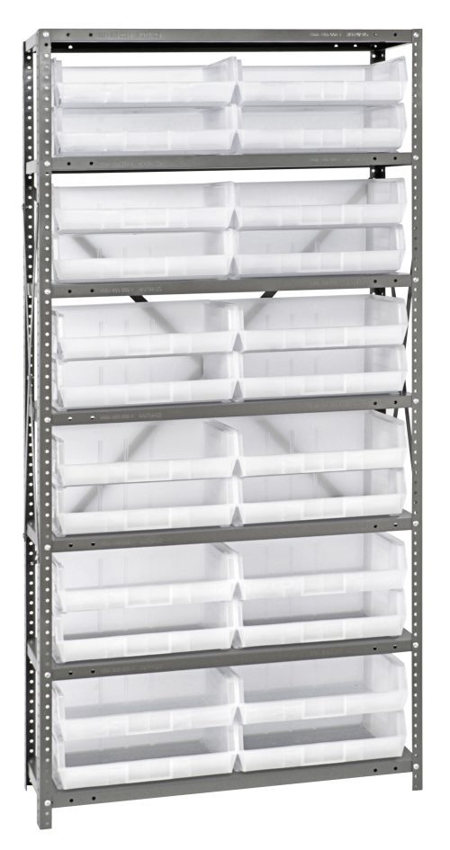 The Quantum Shelving Unit, 12D x 36L x 75H, in a galvanized steel finish, includes seven shelves and twenty-four Qus245 clear bins. Each shelf supports up to 400 lbs, making it ideal for efficient space organization against a white background.