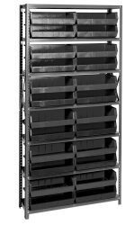 The Quantum Shelving Unit, measuring 12D x 36L x 75H, features a heavy-duty galvanized steel frame with seven shelves and includes 24 QUS245 black bins. Each shelf has a load capacity of 400 lbs, perfect for efficient item organization and storage.