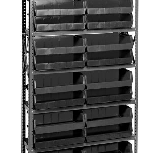 The Quantum Shelving Unit, measuring 12D x 36L x 75H, features a heavy-duty galvanized steel frame with seven shelves and includes 24 QUS245 black bins. Each shelf has a load capacity of 400 lbs, perfect for efficient item organization and storage.